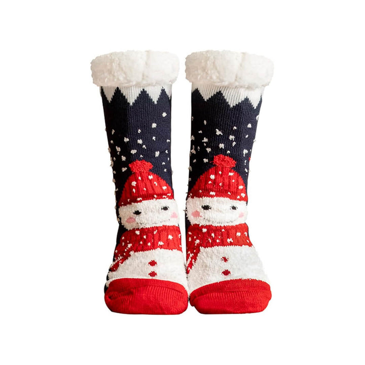 Navy fleece socks with playful snowman pattern