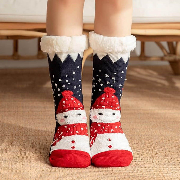 Cozy snowman fleece sleep socks with non-slip soles