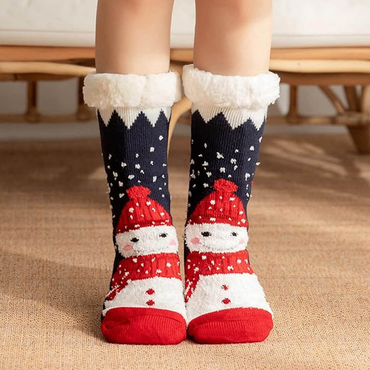 Cozy snowman fleece sleep socks with non-slip soles