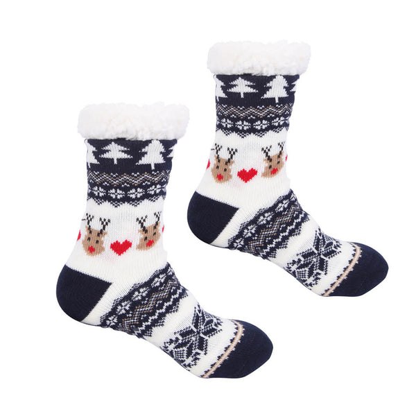 Non-Slip Warm Christmas Fleece Sleep Socks - navy