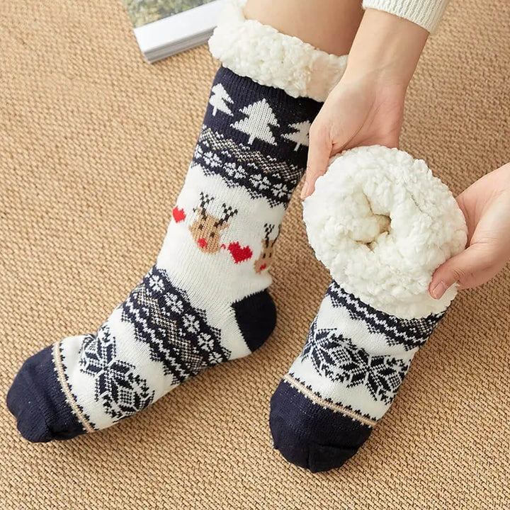 Non-Slip Warm Christmas Fleece Sleep Socks - navy