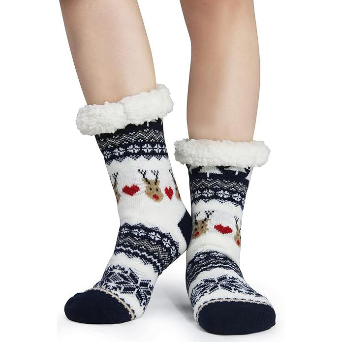Non-Slip Warm Christmas Fleece Sleep Socks - navy
