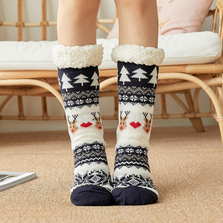 Non-Slip Warm Christmas Fleece Sleep Socks - navy