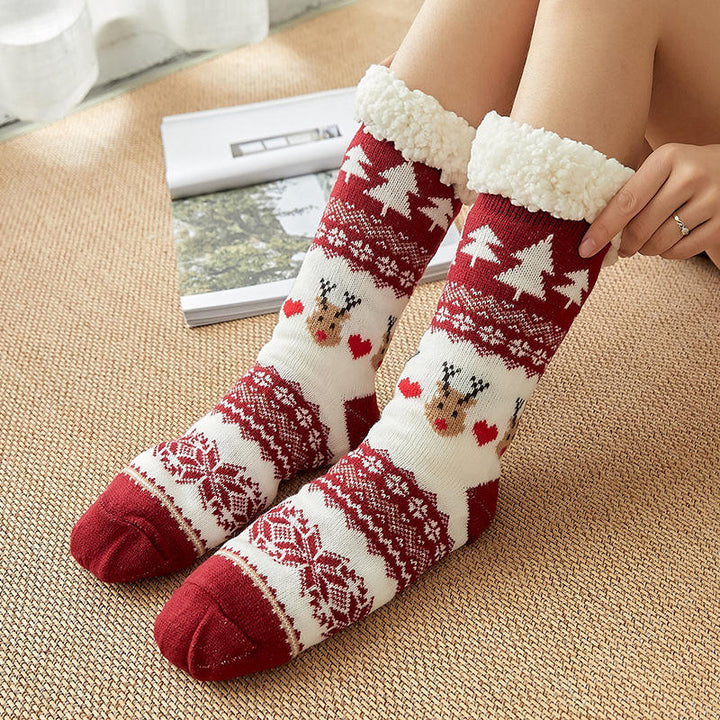 Non-Slip Warm Christmas Fleece Sleep Socks - Red