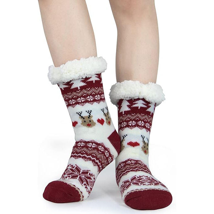 Non-Slip Warm Christmas Fleece Sleep Socks - Red