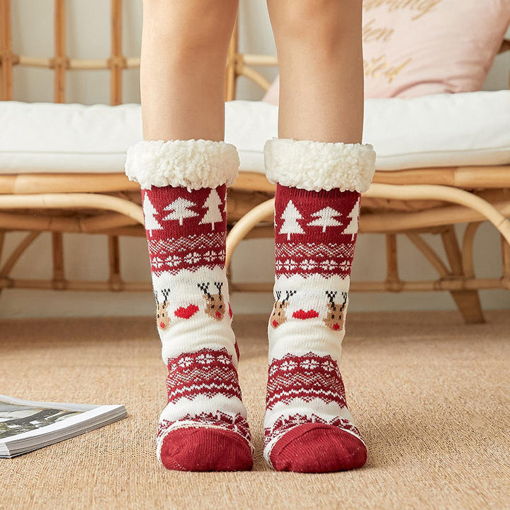 Non-Slip Warm Christmas Fleece Sleep Socks - Red