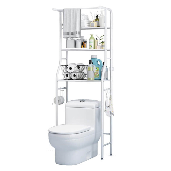 Metal over toilet organizer with adjustable shelves with hooks