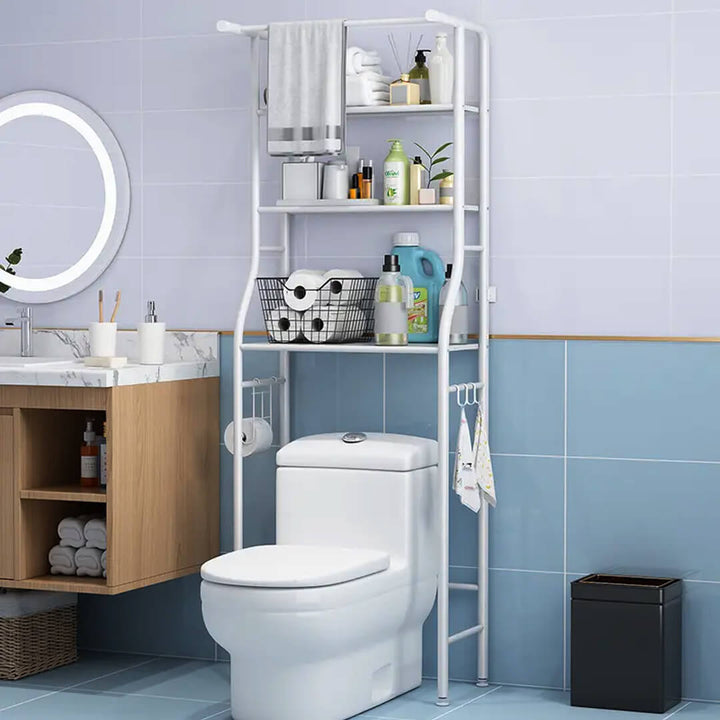 3-layer white bathroom storage rack with towel bar and hooks