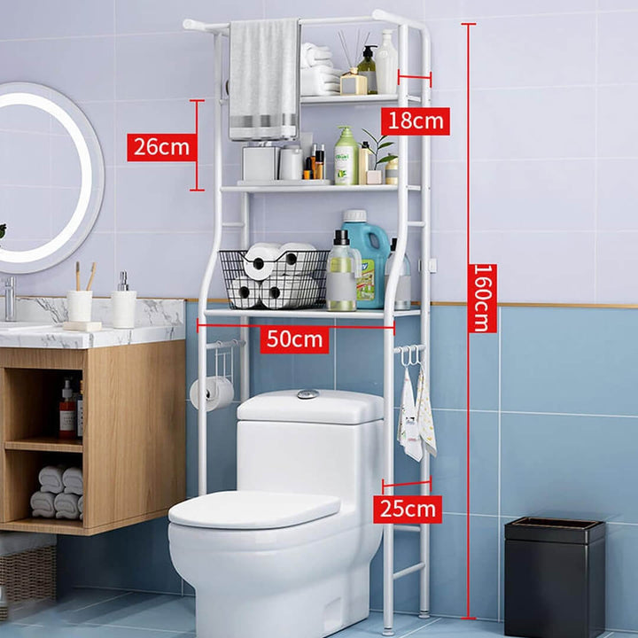 Metal over toilet organizer with shelves and hooks, dimensions