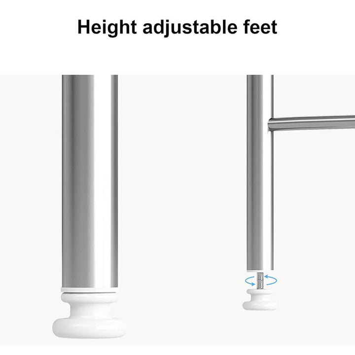 White metal over toilet organizer with shelves and hooks, adjustable height