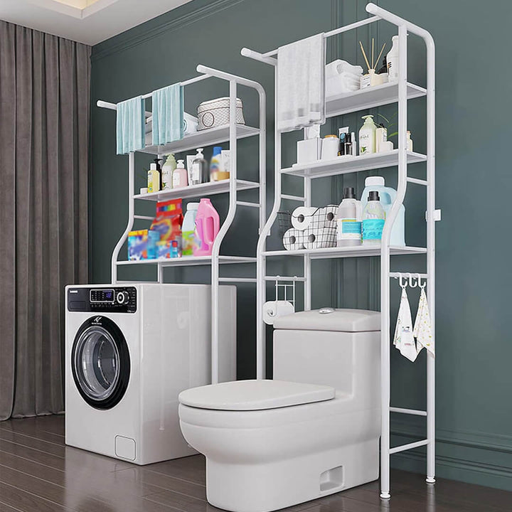 Space-saving over the toilet and washing machine shelves with towel hanger