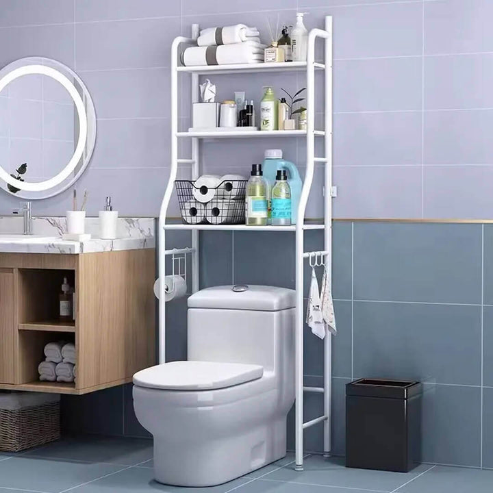 3-layer white over toilet storage rack with towel bar and hooks
