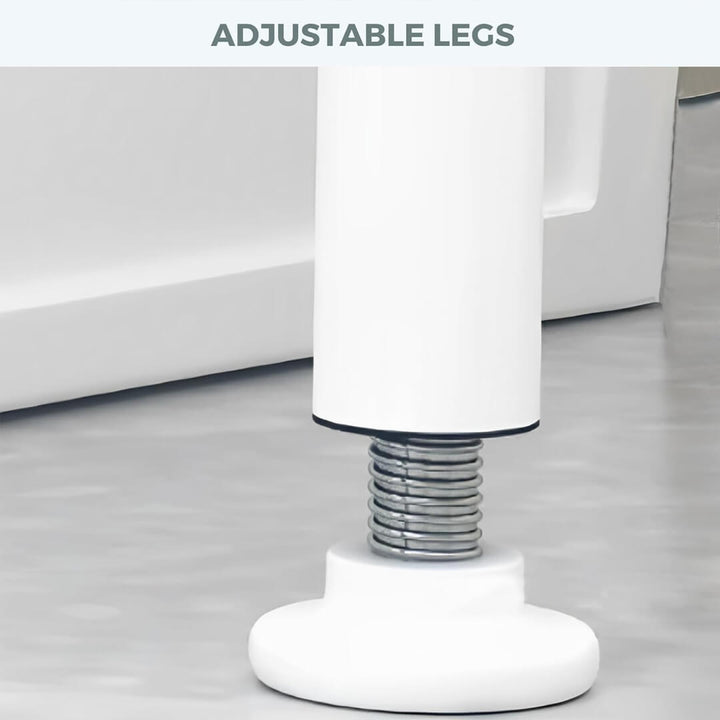 Multi-purpose bathroomand laundry room storage rack for towels and supplies, adjustable legs