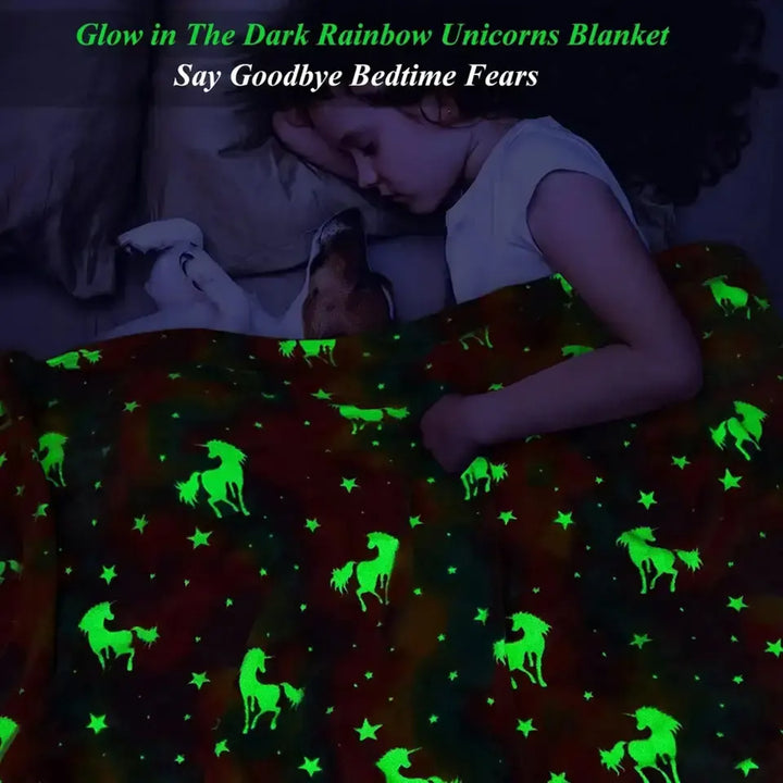 Pastel Rainbow Unicorn Glow in the Dark Fleece Blanket - 150 x 200 cm