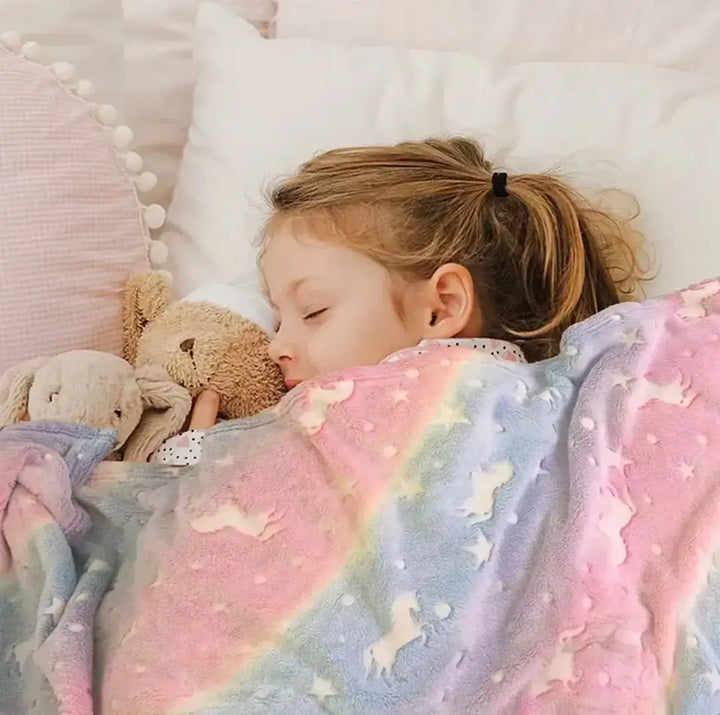 Pastel Rainbow Unicorn Glow in the Dark Fleece Blanket - 150 x 200 cm