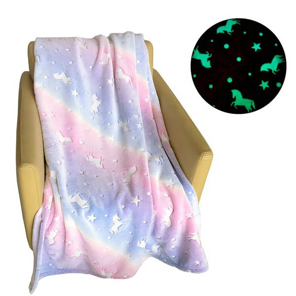 Pastel Rainbow Unicorn Glow in the Dark Fleece Blanket - 150 x 200 cm