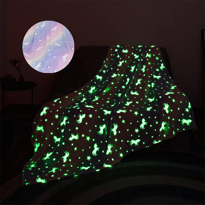 Pastel Rainbow Unicorn Glow in the Dark Fleece Blanket - 150 x 200 cm