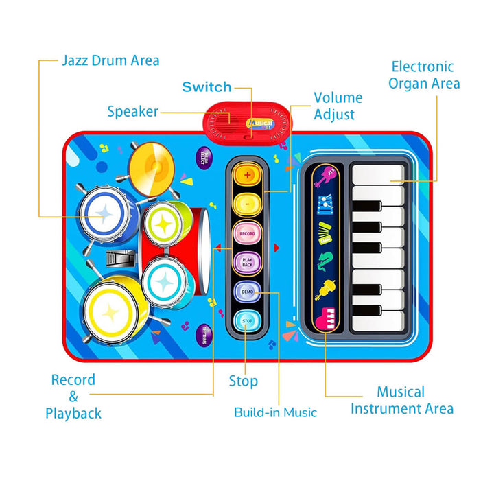 Educational music mat with piano and drum, instruction how to use