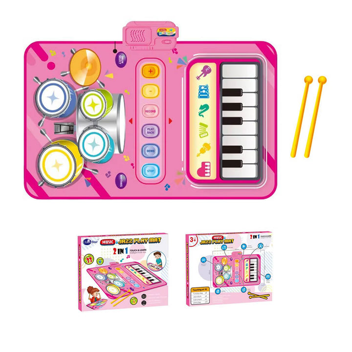 Foldable pink musical play mat with piano and drums