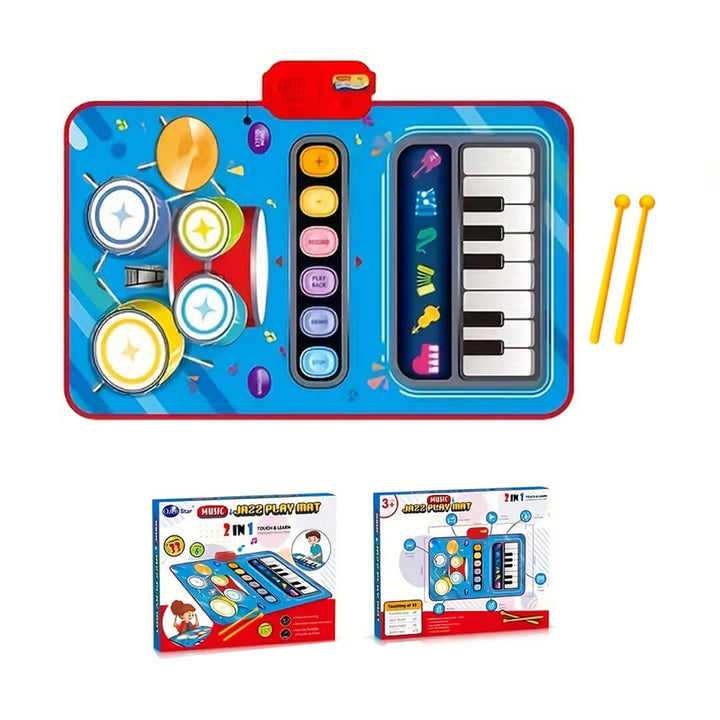 Foldable blue musical play mat with piano and drums
