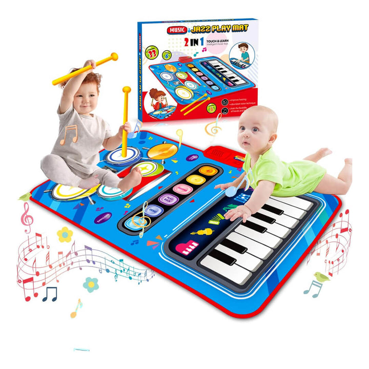 Children playing with a musical mat featuring keys and buttons, with packaging in the background.