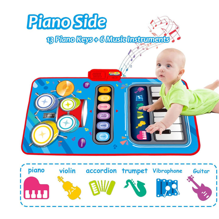 Colorful musical play mat with piano keys and drums for interactive play.