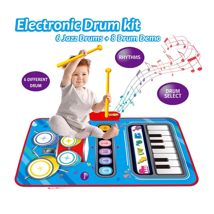 Electronic drum kit with child playing on a mat, featuring drums and piano keys.