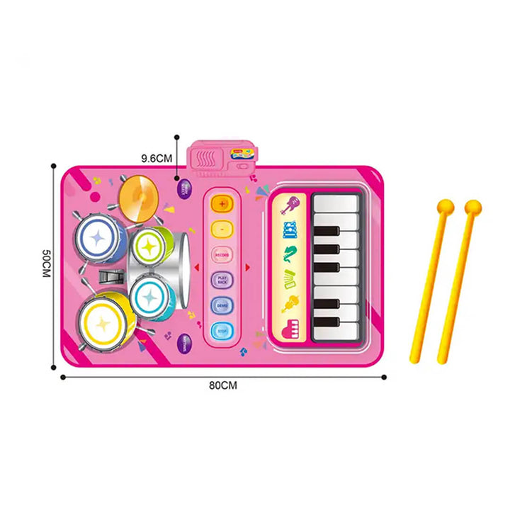 Foldable musical play mat for toddlers with piano and drums, dimensions