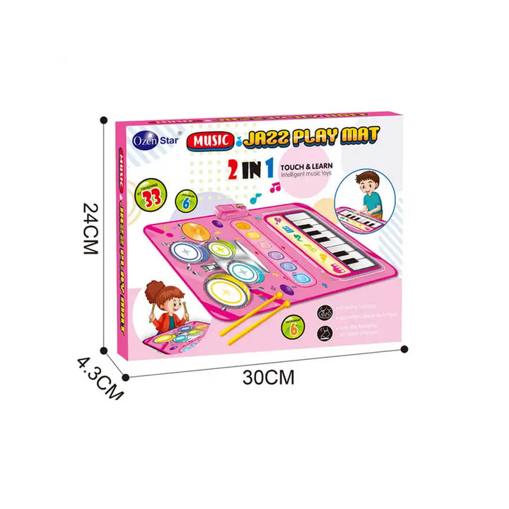 Foldable musical play mat in colored box, dimensions