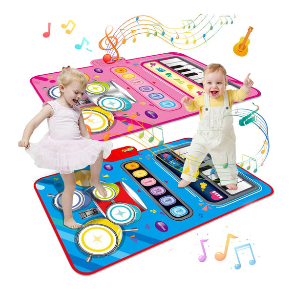 Baby playing on 2-in-1 musical mat with piano and drums in blue and pink color