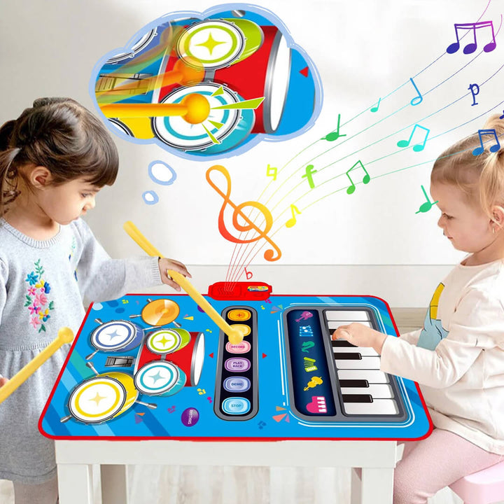 Children playing with a colorful musical play mat featuring piano and drums