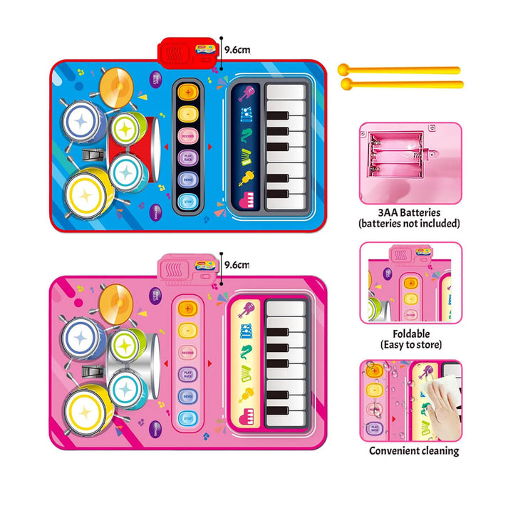 Battery-operated musical play mat with piano and drums
