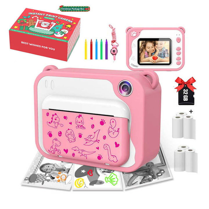 Pink dino instant print camera with accessories and christmas box