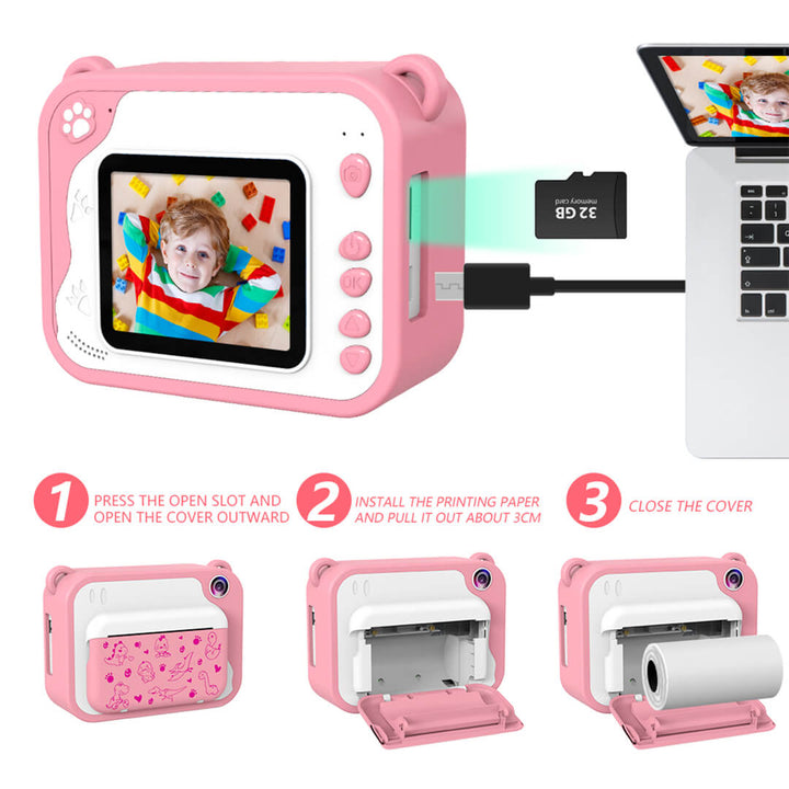 Kids instant print camera with 32 GB memory card to transfer photos to laptop