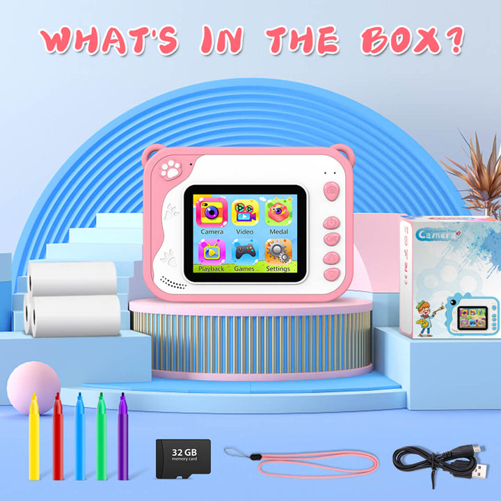 kids' pink dinosaur camera with 6 rolls, markers, and 32GB storage