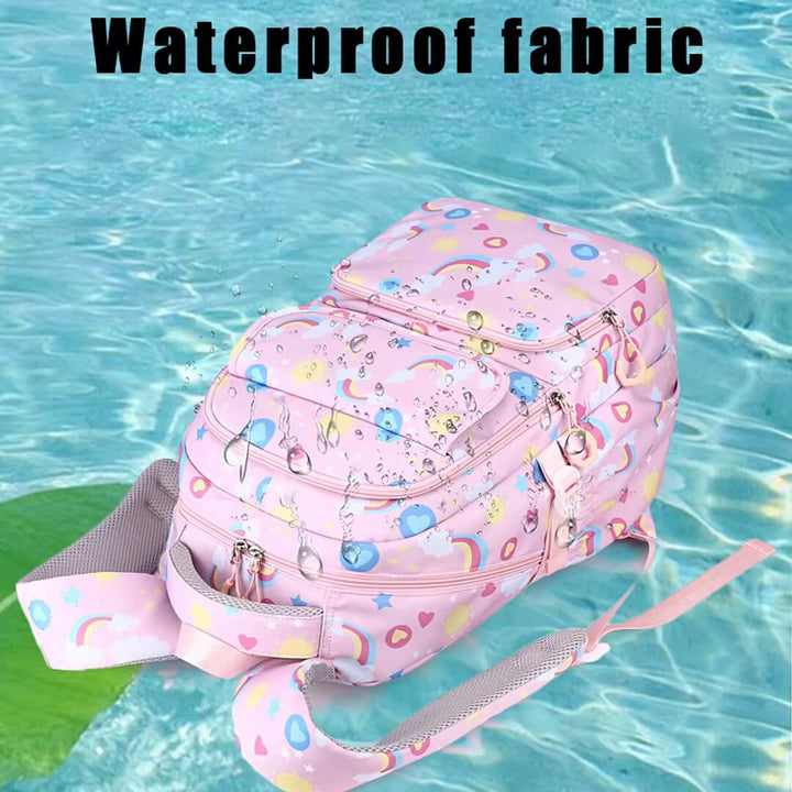 Girls pastel rainbow waterproof backpack with matching lunch bag & pencil case