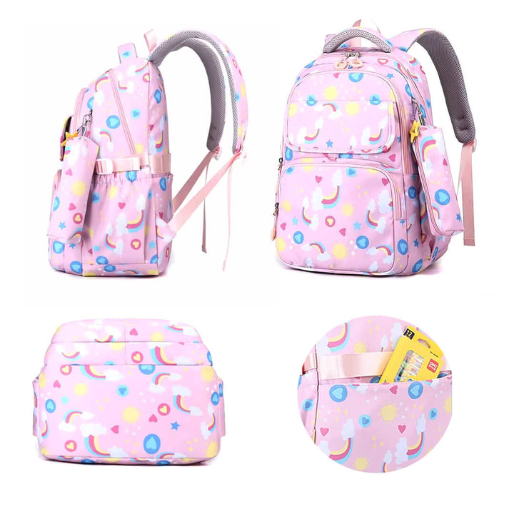 Matching pink rainbow school set with backpack, lunch bag, pencil case