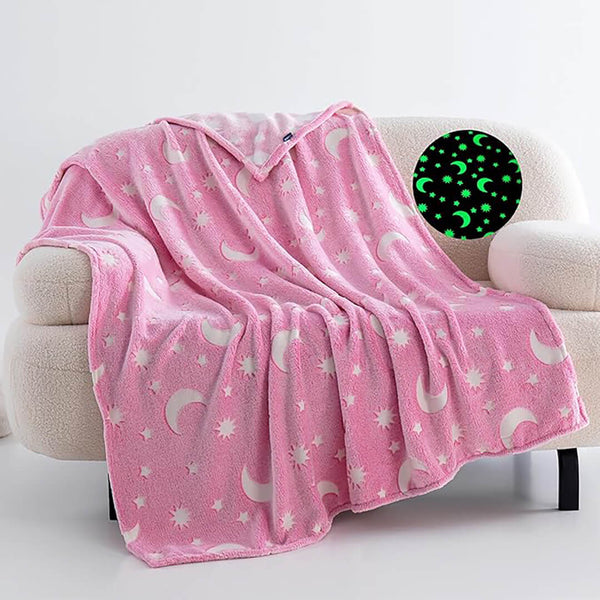 Pink Stars & Moon Glow-in-the-Dark Plush Blanket – 150 x 200 cm