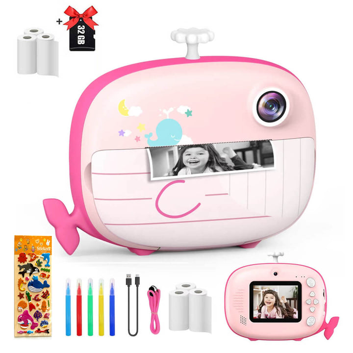 Pink Whale Instant Print Camera – 32GB & 6 Rolls Ink-Free Pink