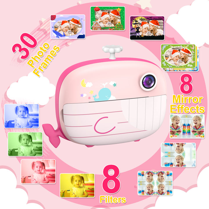 Pink Whale Instant Print Camera – 32GB & 6 Rolls Ink-Free