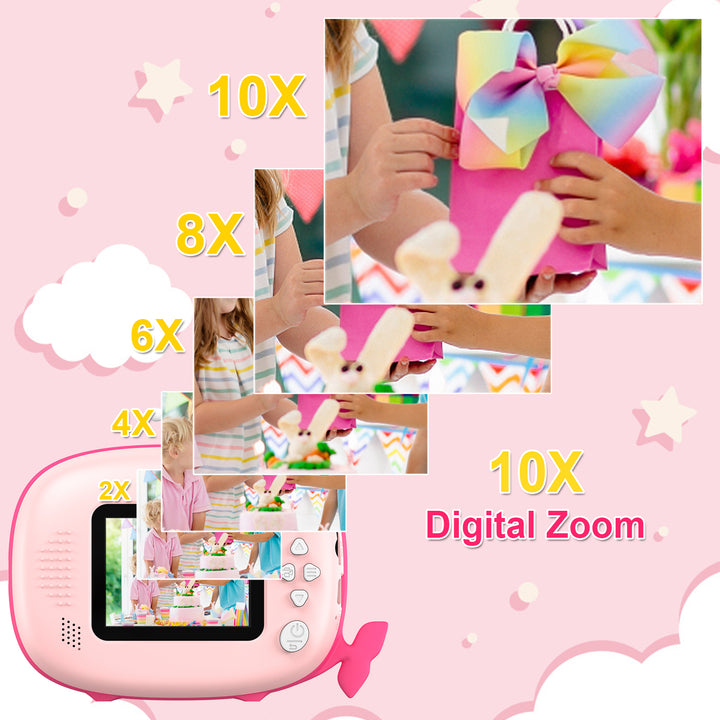 Pink Whale Instant Print Camera – 32GB & 6 Rolls Ink-Free