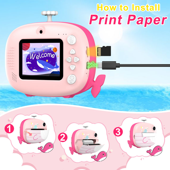 Pink Whale Instant Print Camera – 32GB & 6 Rolls Ink-Free