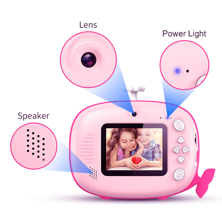 Pink Whale Instant Print Camera – 32GB & 6 Rolls Ink-Free
