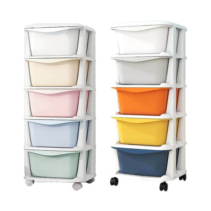 Multicolored 5-layer plastic drawer cabinet with wheels, light and vibrant colors.