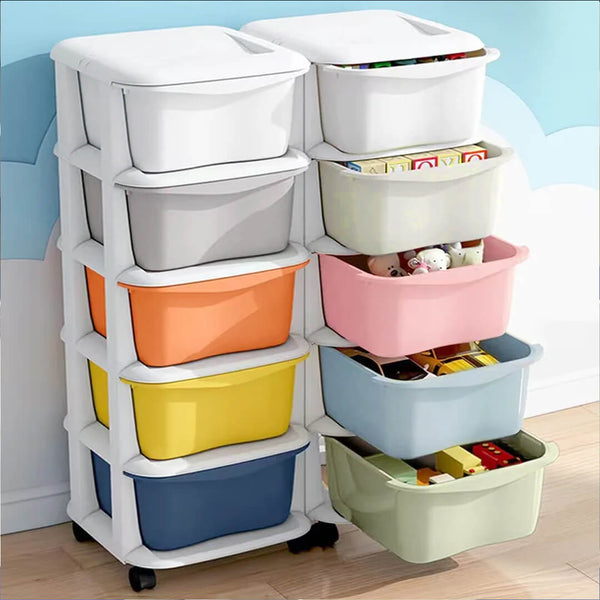 Multicolored 5-layer plastic drawer cabinet with wheels