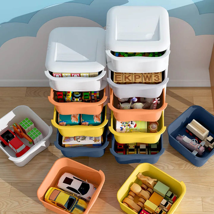 Multicolored 5-layer plastic drawer cabinet with wheels with toys inside.