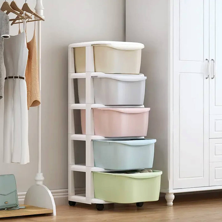 Multicolored 5-layer plastic drawer cabinet with wheels for home organization.