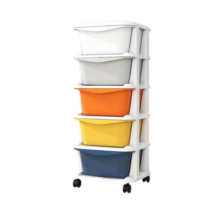 Multicolored 5-layer plastic drawer cabinet with wheels and thickened top.