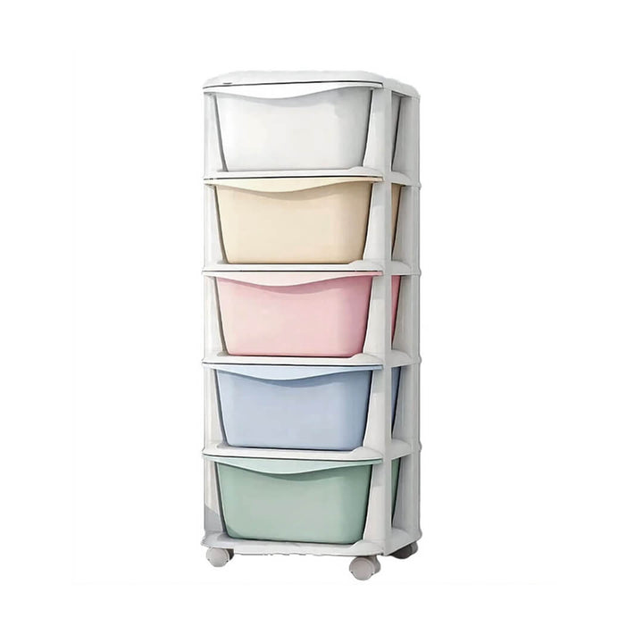 Multicolored 5-layer plastic drawer cabinet with wheels and thickened top, light colors.