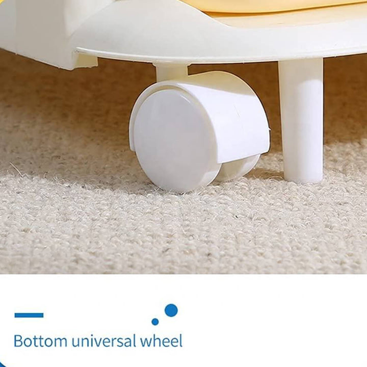 Multicolored 5-layer plastic drawer cabinet with wheels, detailed shot of the wheels.